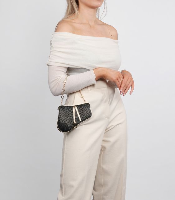 Metallic Black Snakeskin & Gold Calfskin Leather Vintage Mini Saddle Bag