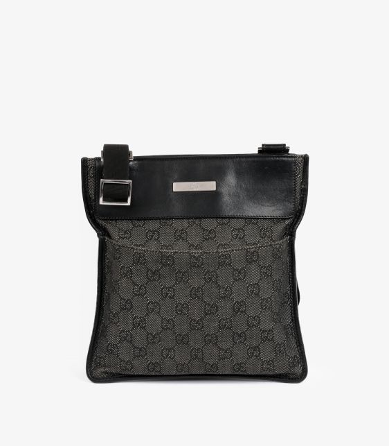 Black GG Monogram Denim & Leather Vintage Messenger Bag