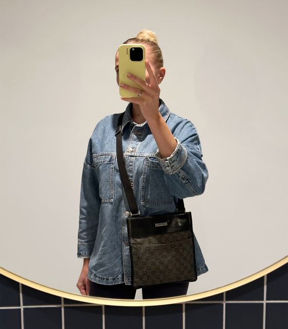 Black GG Monogram Denim & Leather Vintage Messenger Bag