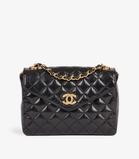 Black Quilted Lambskin Vintage Crystal Embellished Mini Flap Bag