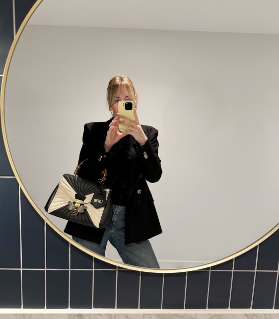 Black & Cream Quilted Calfskin Leather Medium Queen Margaret Bamboo Top Handle