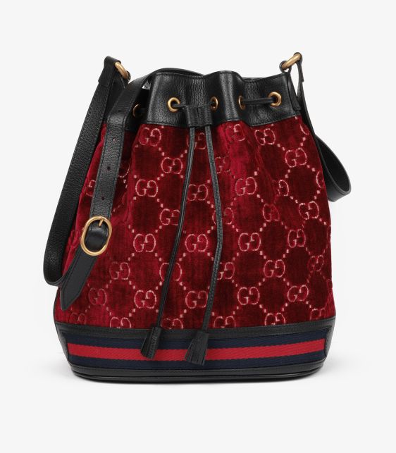 Red GG Monogram Velvet & Black Calfskin Leather Bucket Bag