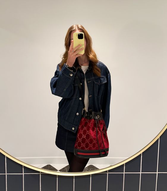 Red GG Monogram Velvet & Black Calfskin Leather Bucket Bag