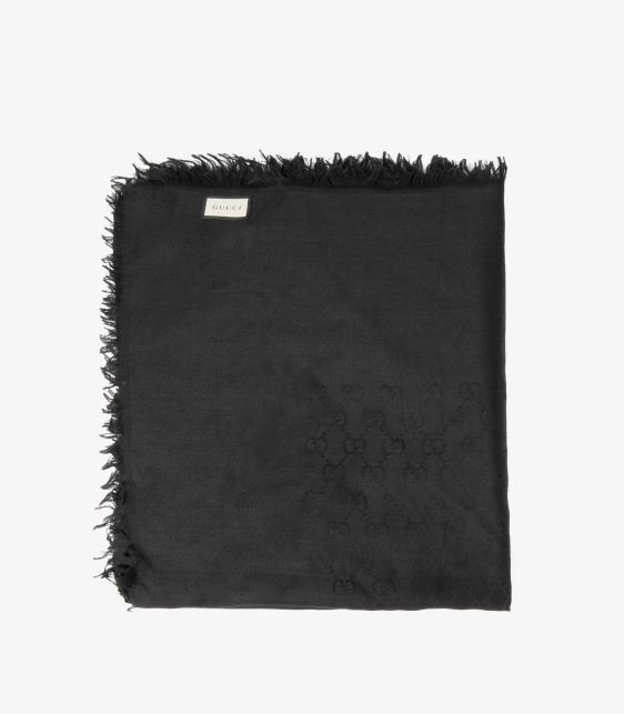 Black GG Silk Jacquard Fringed Scarf