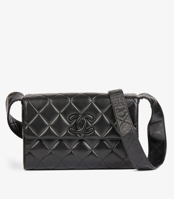 Black Quilted Lambskin Vintage Medium Leather Logo Flap Bag