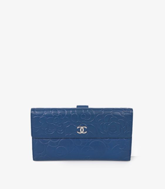 Blue Camellia Embossed Lambskin Leather Classic Long Wallet
