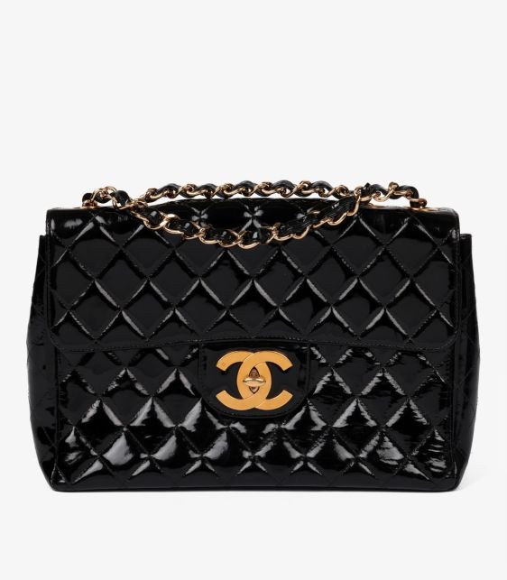 A Pre-Loved Chanel Black Quilted Patent Leather Vintage Jumbo XL Classic Single Flap Bag from Xupes