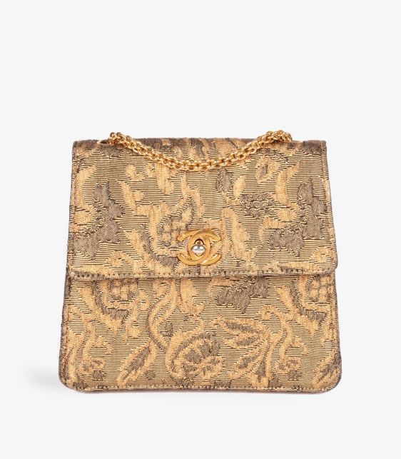 Gold Metallic Floral Woven Jacquard Vintage Mini Flap Bag