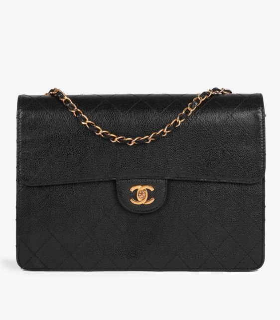Black Quilted Caviar Leather Vintage Jumbo Classic Single Flap Bag