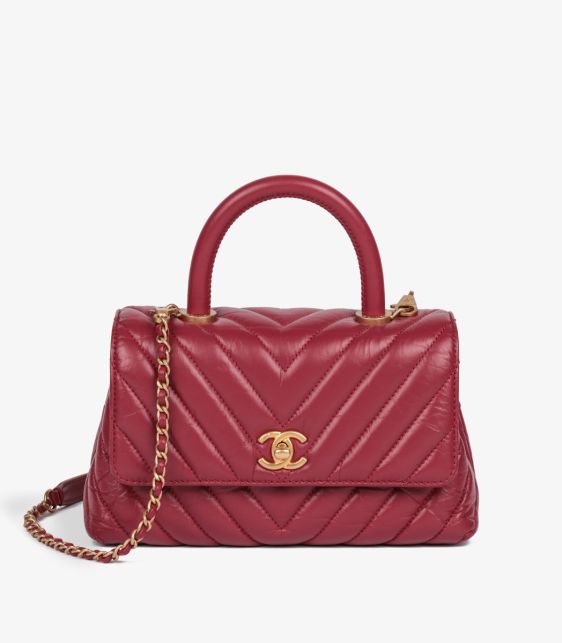 Red Chevron Aged Calfskin Leather Small Coco Top Handle