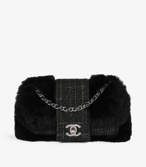 Black Fantasy Fur & Grey Tweed Medium Classic Single Flap Bag