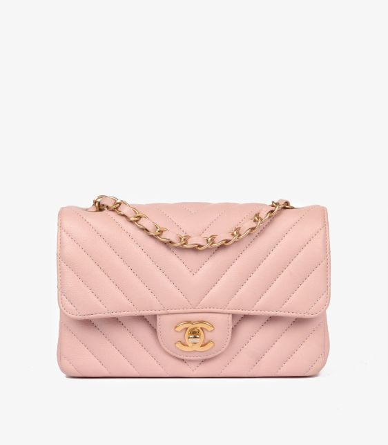 Light Pink Chevron Quilted Washed Caviar Leather Rectangular Mini Flap Bag