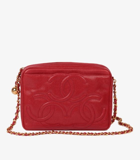 Red Caviar Leather Vintage Small Triple Logo Camera Bag