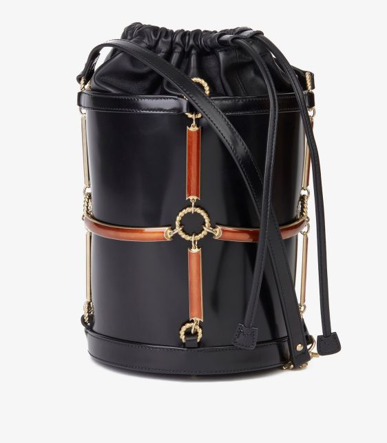 Black Vinyl, Lambskin & Rust Enamel Bucket Bag
