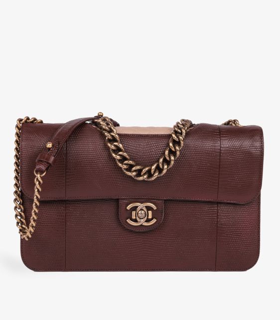 Burgundy Lizard Leather & Dusky Pink Quilted Lambskin Large Perfect Edge Classic Single Flap Bag