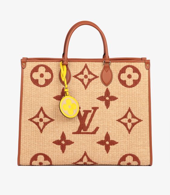 Natural Giant Monogram Raffia & Tan Calfskin Leather Onthego GM
