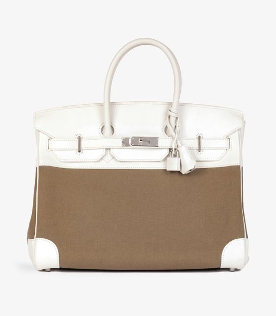 White Swift Leather & Olive Toile Canvas Birkin 35cm Retourne