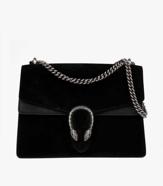 Gucci Black Suede & Black Smooth Leather Medium Dionysus Shoulder Bag