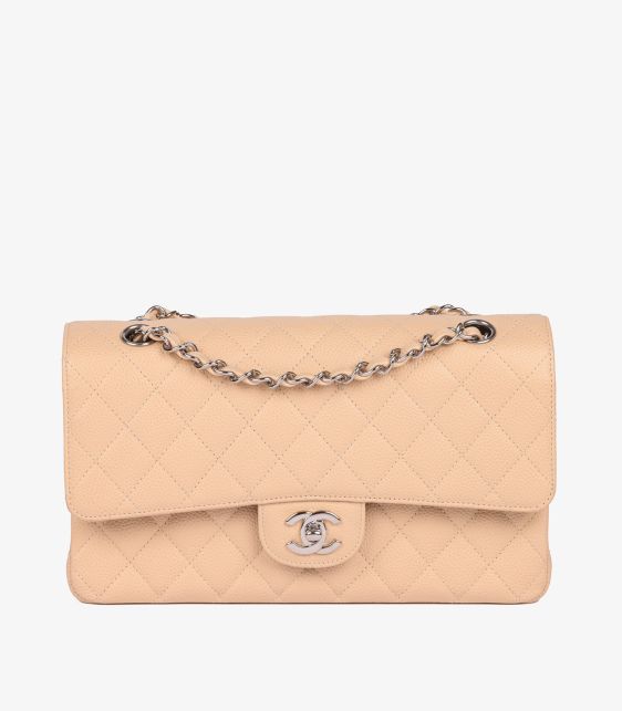 Beige Quilted Caviar Leather Medium Classic Double Flap Bag
