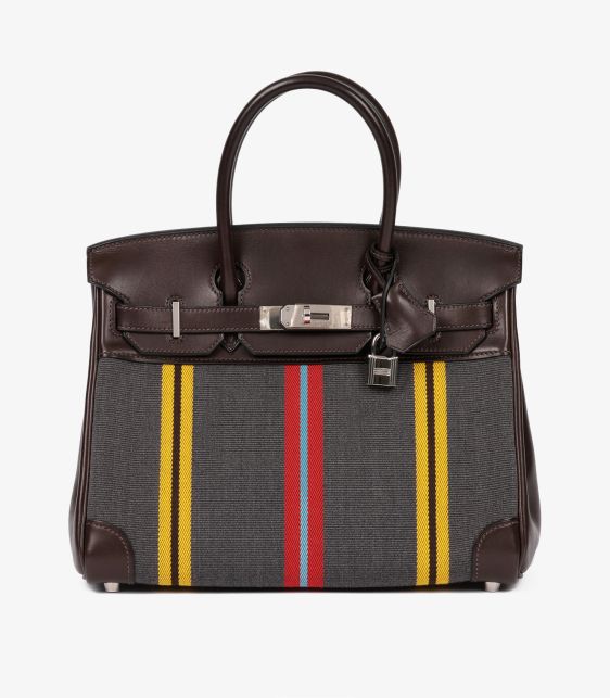Marron Fonce Swift Leather & Multicolour Striped Toile Canvas Jumping Birkin 30cm Retourne
