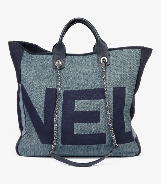 Blue & Navy Logo Printed Raffia Large Deauville Tote