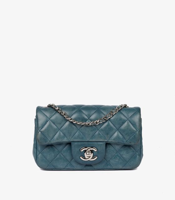 Teal Quilted Aged Lambskin Mini Rectangular Flap Bag
