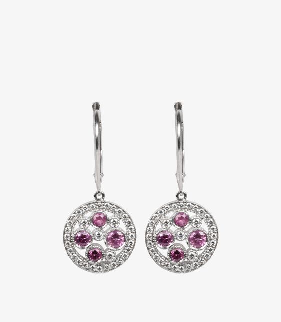 Pink Sapphire and Diamond Platinum Cobblestone Drop Earring