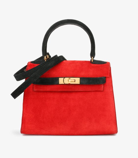 Rouge Vif & Black Veau Doblis Suede Vintage Kelly 20cm Sellier