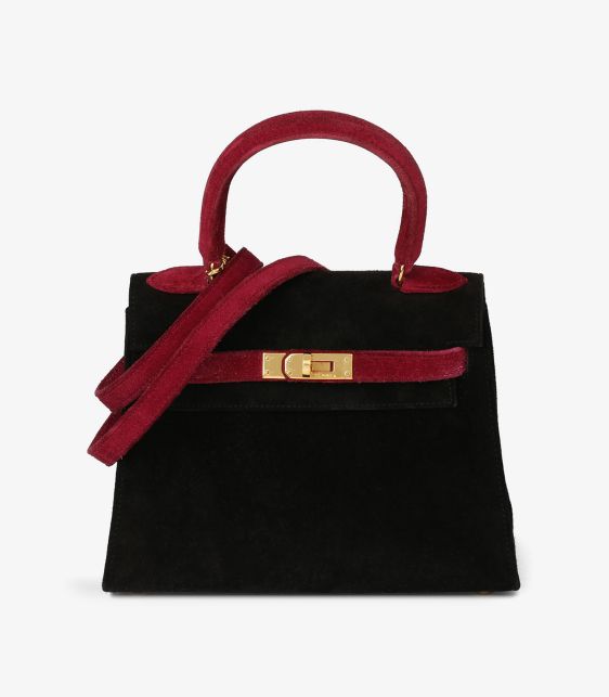 Framboise & Black Veau Doblis Suede Vintage Kelly 20cm Sellier