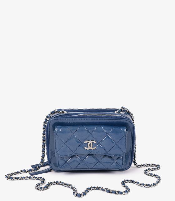 Blue Quilted Iridescent Patent Leather Mini Pocket Box Camera Case