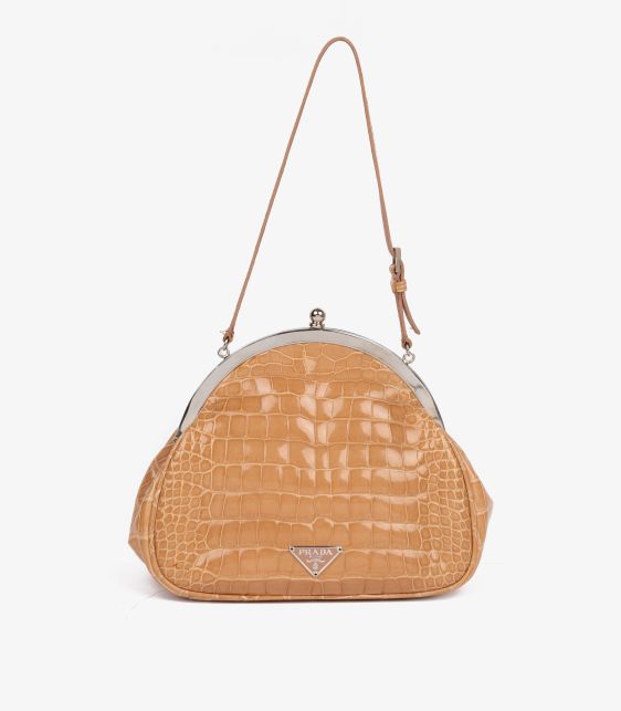 Beige Shiny Alligator Leather Vintage Mini Frame Top Handle