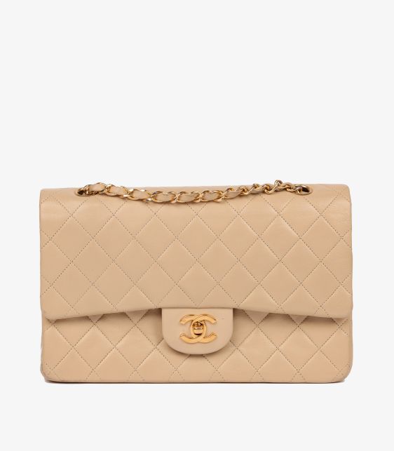 Beige Quilted Lambskin Leather Vintage Medium Classic Double Flap Bag