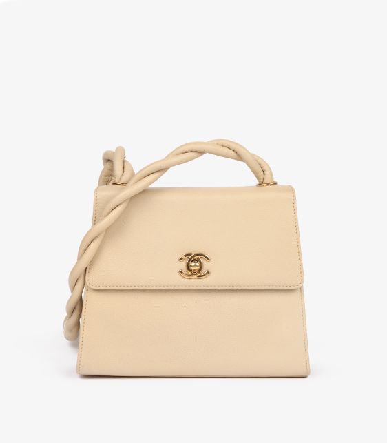 Cream Caviar Leather Vintage Braided Mini Trapeze Classic Single Flap Bag