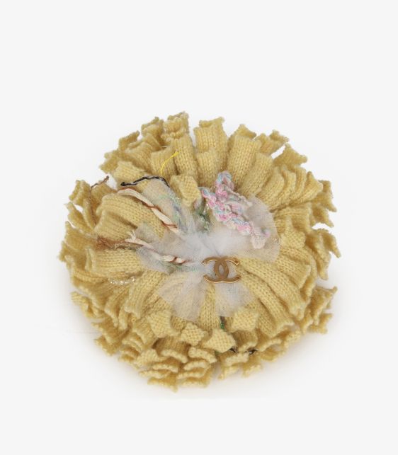 Chanel Beige Knitted Cotton Thread Detail Camellia Pin at Xupes
