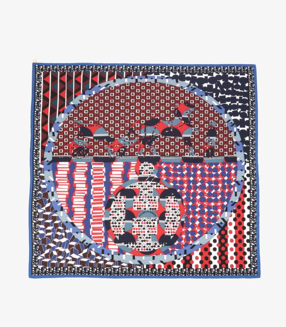 Hermès Beu Roy, Rouge, Gris Bleute Silk Ex-Libris En Cravates Twill 90 Scarf at Xupes