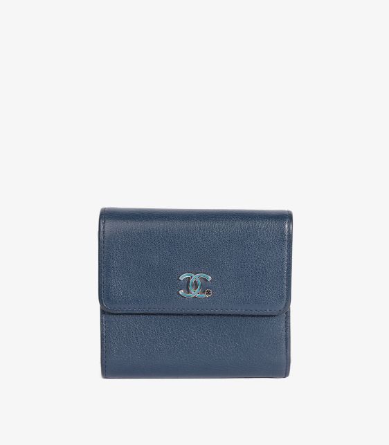 Chanel Navy Goatskin Leather Clover Compact Wallet at Xupes
