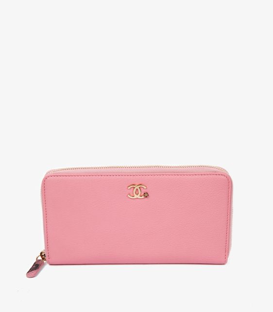 Chanel Pink Goatskin Leather Clover Zip Wallet at Xupes