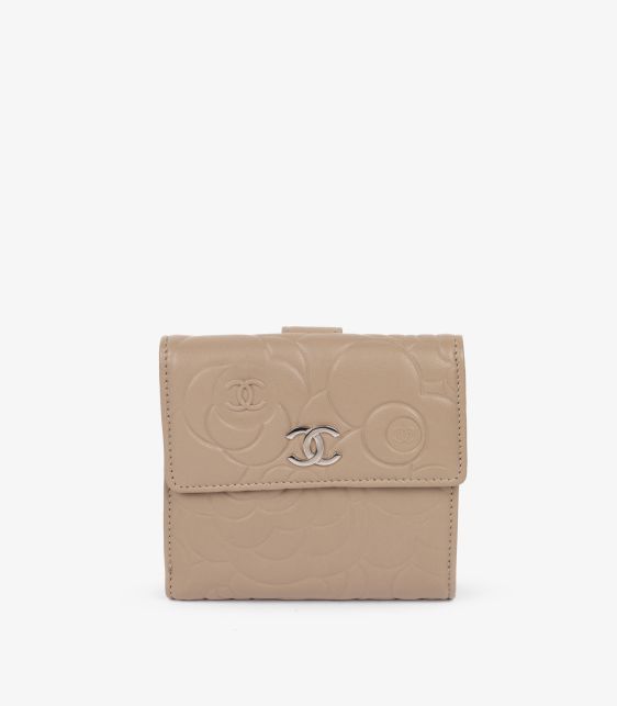 Chanel Taupe Camellia Embossed Lambskin Leather Classic Compact Wallet at Xupes