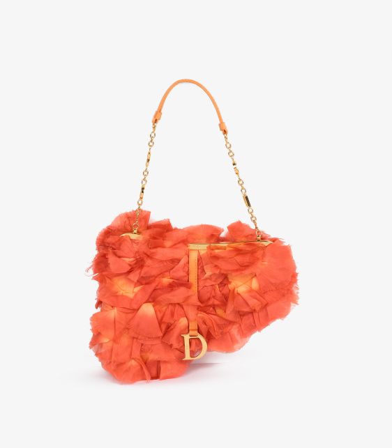 Christian Dior Coral Silk Vintage Rose Petal Mini Saddle Bag at Xupes