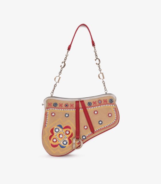 Christian Dior Multicolour Embroidered & Embellished Suede & Red Calfskin Leather Vintage Mini Saddle Bag at Xupes