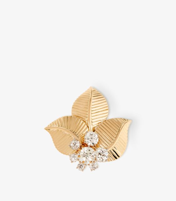 European Cut Diamond Set 18ct Yellow Gold Vintage Leaf Design Brooch