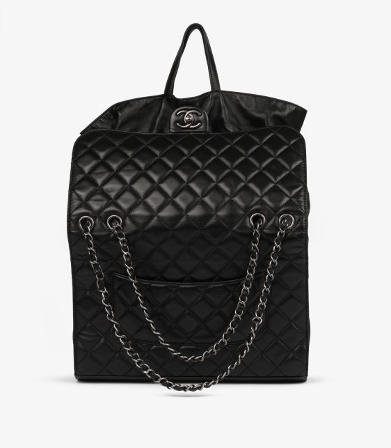 Black Quilted Lambskin Leather Jumbo 2-in-1 Drawstring Classic Single Flap Bag