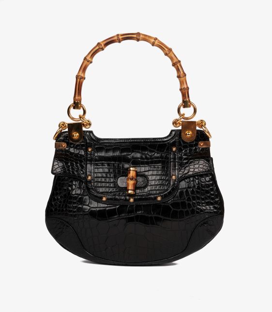 Black Studded Shiny Alligator Leather Vintage Bamboo Top Handle
