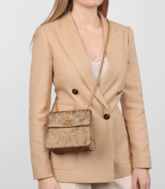 Gold Metallic Floral Woven Jacquard Vintage Mini Flap Bag