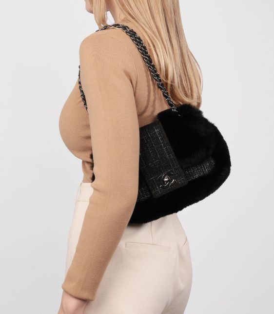 Black Fantasy Fur & Grey Tweed Medium Classic Single Flap Bag