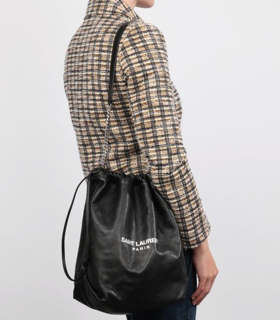 Black Lambskin Teddy Bucket Bag with Pouch
