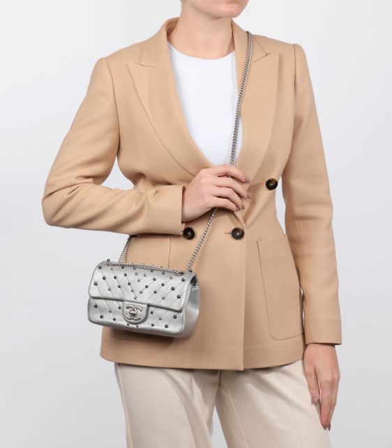 Silver Chevron Quilted Lambskin Stud Wars Rectangular Mini Flap Bag