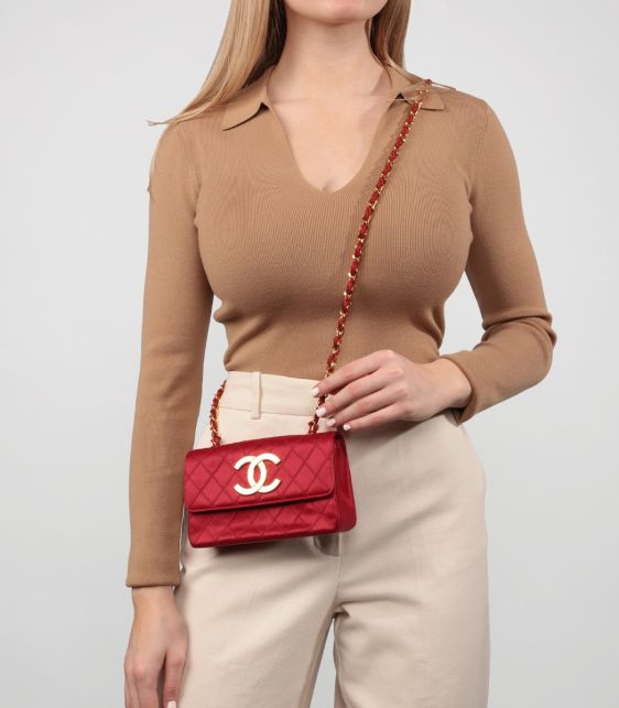 Red Quilted Satin Vintage XL Rectangular Mini Flap Bag