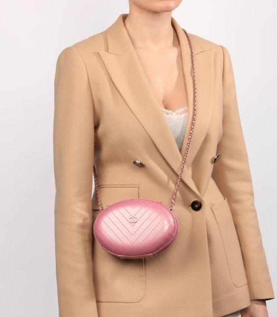 Pink Chevron Quilted Aged Shiny Calfskin Leather La Pausa Classic Evening Bag