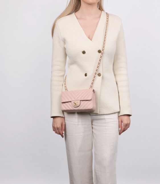 Light Pink Chevron Quilted Washed Caviar Leather Rectangular Mini Flap Bag